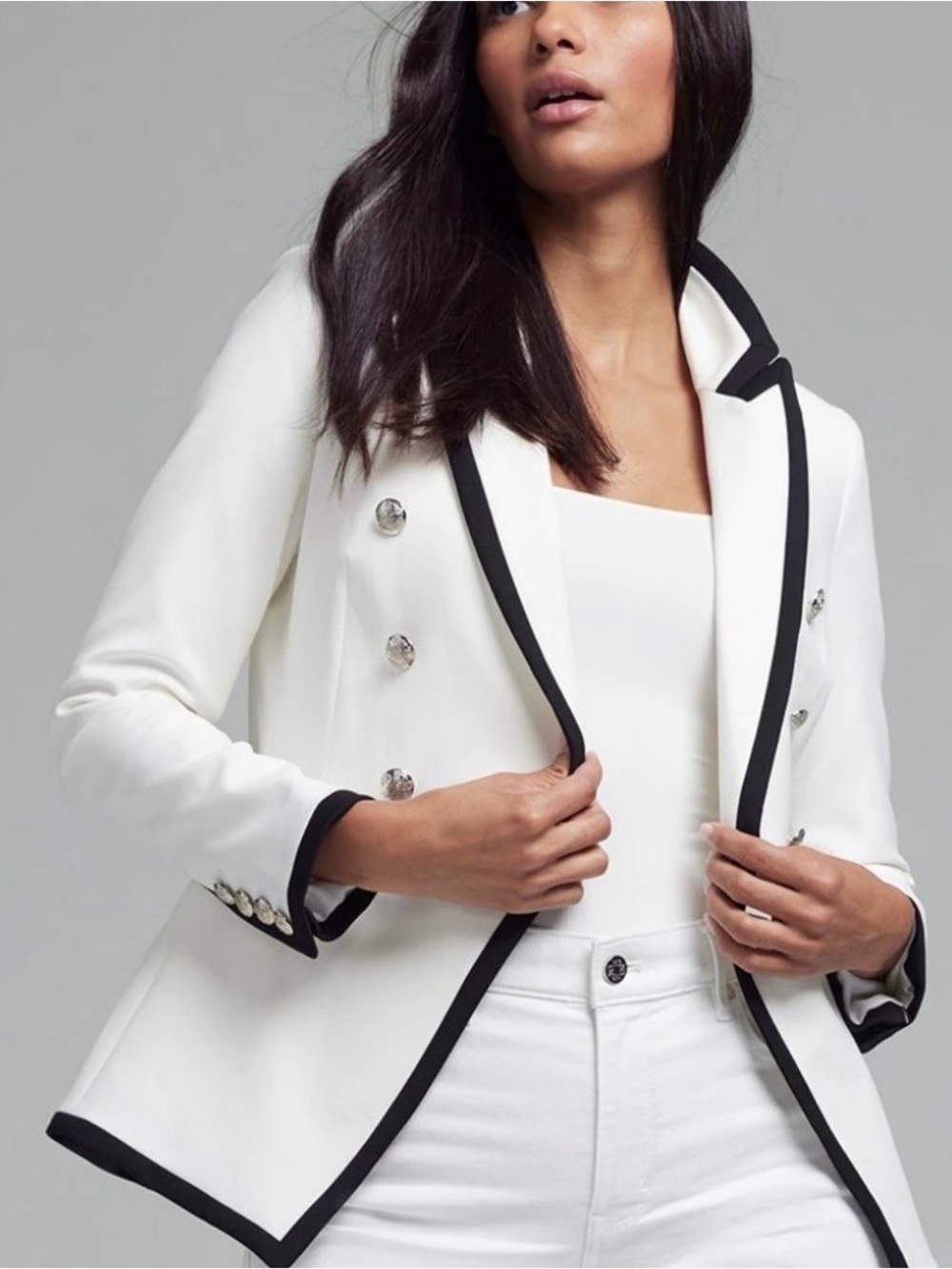 White House Black Market Cream Double-Breasted Blazer with Black Trim size 12 - Picture 5 of 11